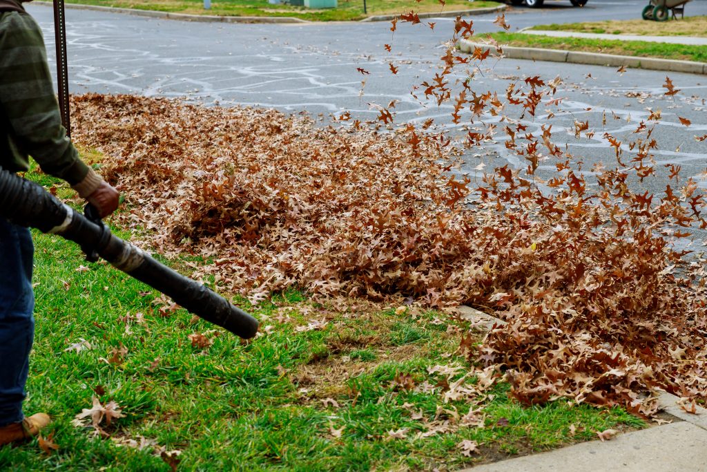 Blowing leaves to the curb when needing Landscaping Designer Lowell.